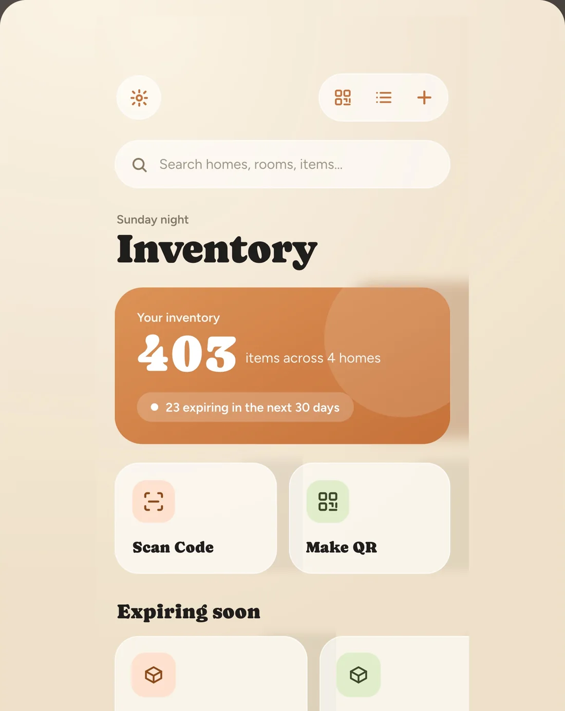 Inventory QR on iPad, showing the home screen.