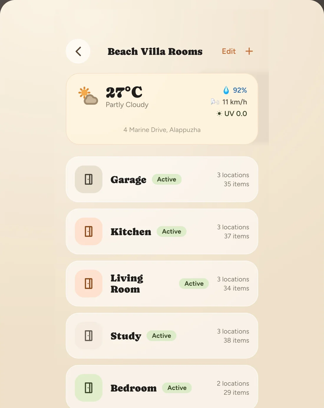 Inventory QR on iPad, showing the rooms in a home with live weather.